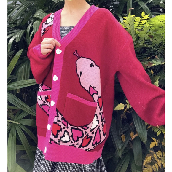Steady Hands Love Snake Cardigan Chunky Knit Heart Button Front Pink Size M/L - Picture 1 of 16